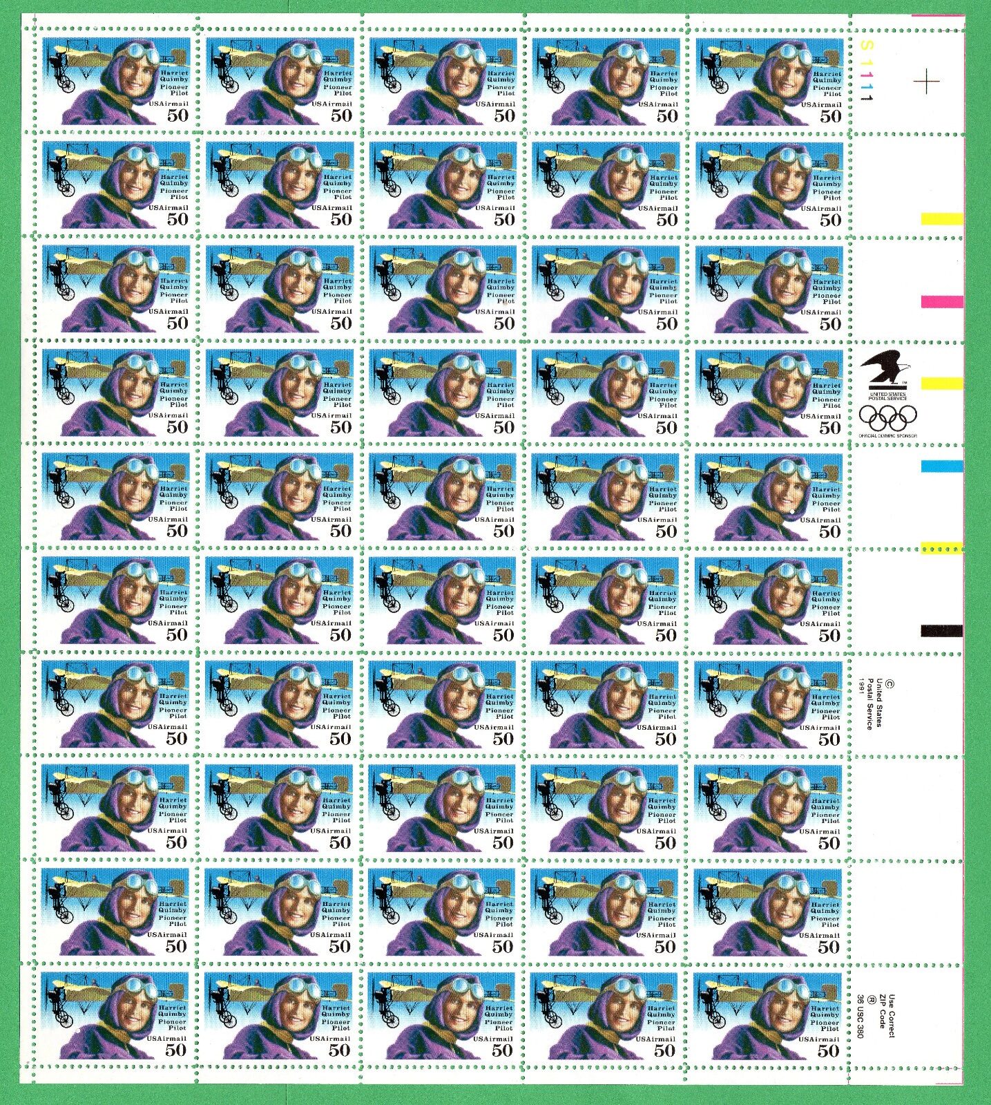 Scott #c128 Harriet Quimby Sheet of 50 Stamps- MNH P#S1111 UR