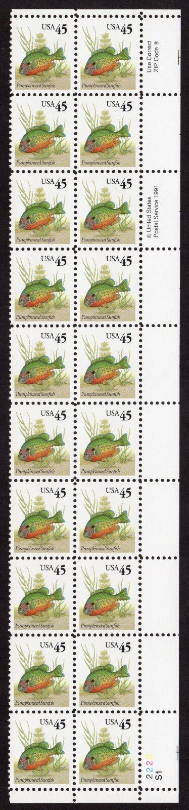 Scott #2481 Pumpkinseed Sunfish Plate Block of 20 Stamps - MNH LR