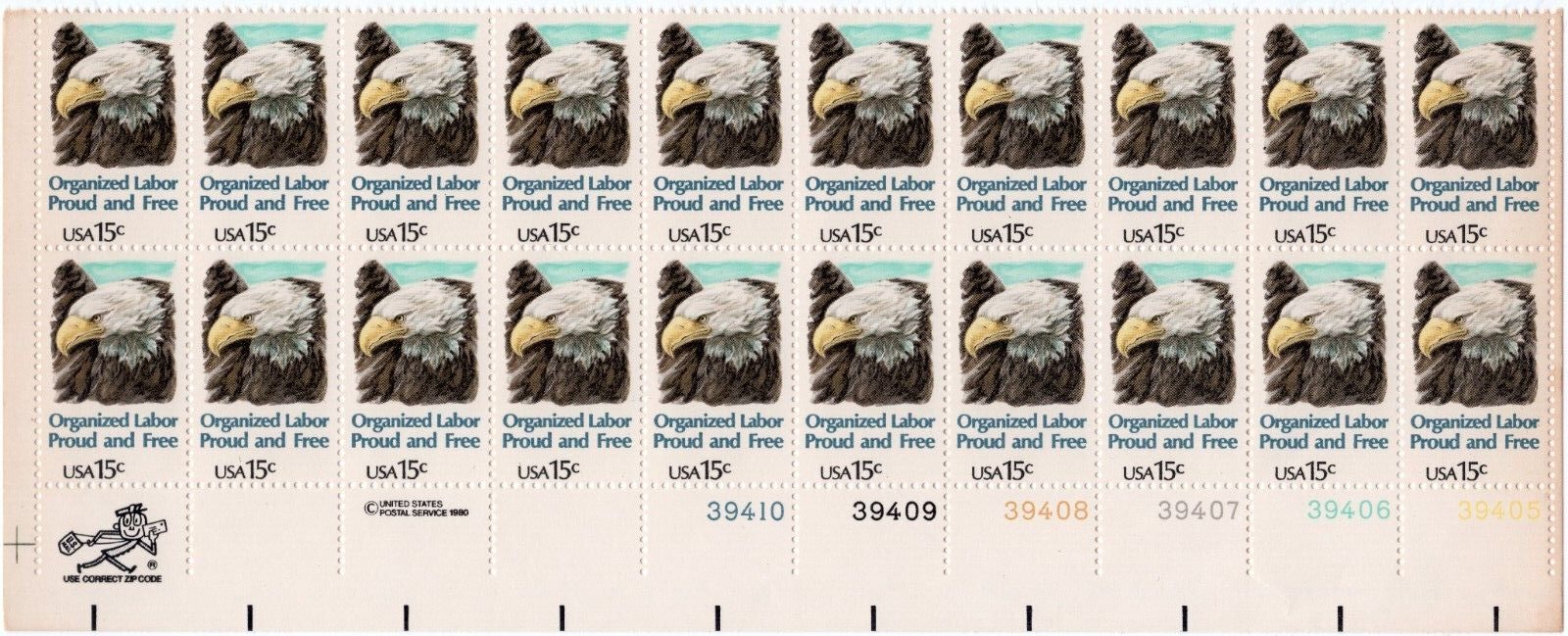 Scott #1831 Organized Labor Plate Block Of 20 Stamps - MNH