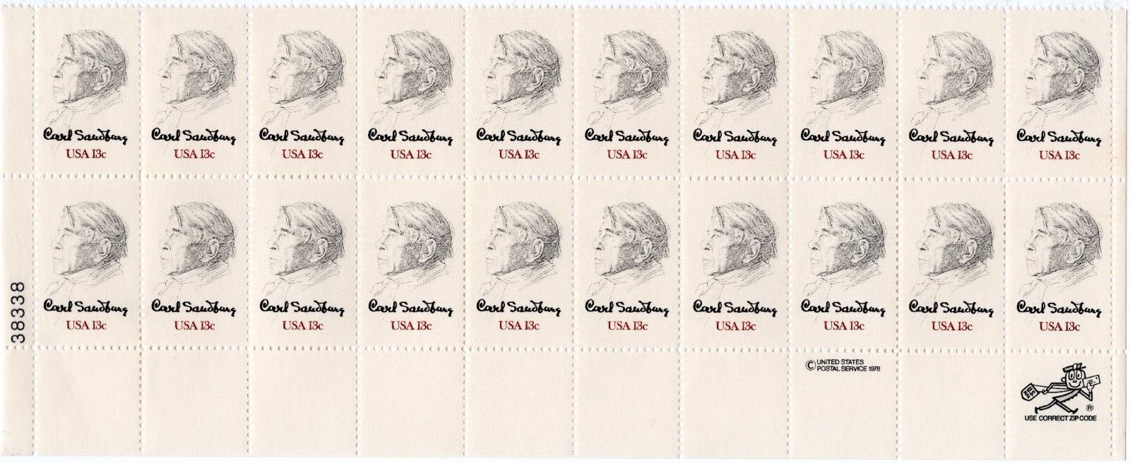 Scott #1731 Carl Sandburg Plate Block Of 20 Stamps - MNH LL