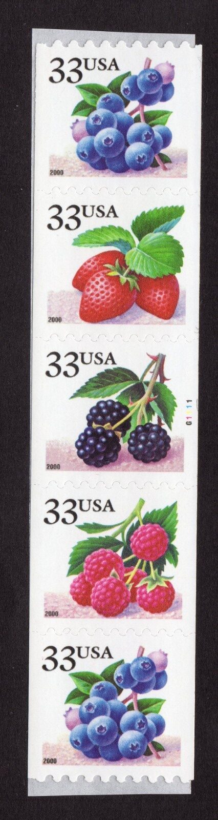 Scott #3407a (3404) Berries Fruit Plate # Coil (PNC5) of 5 Stamps - MNH #5