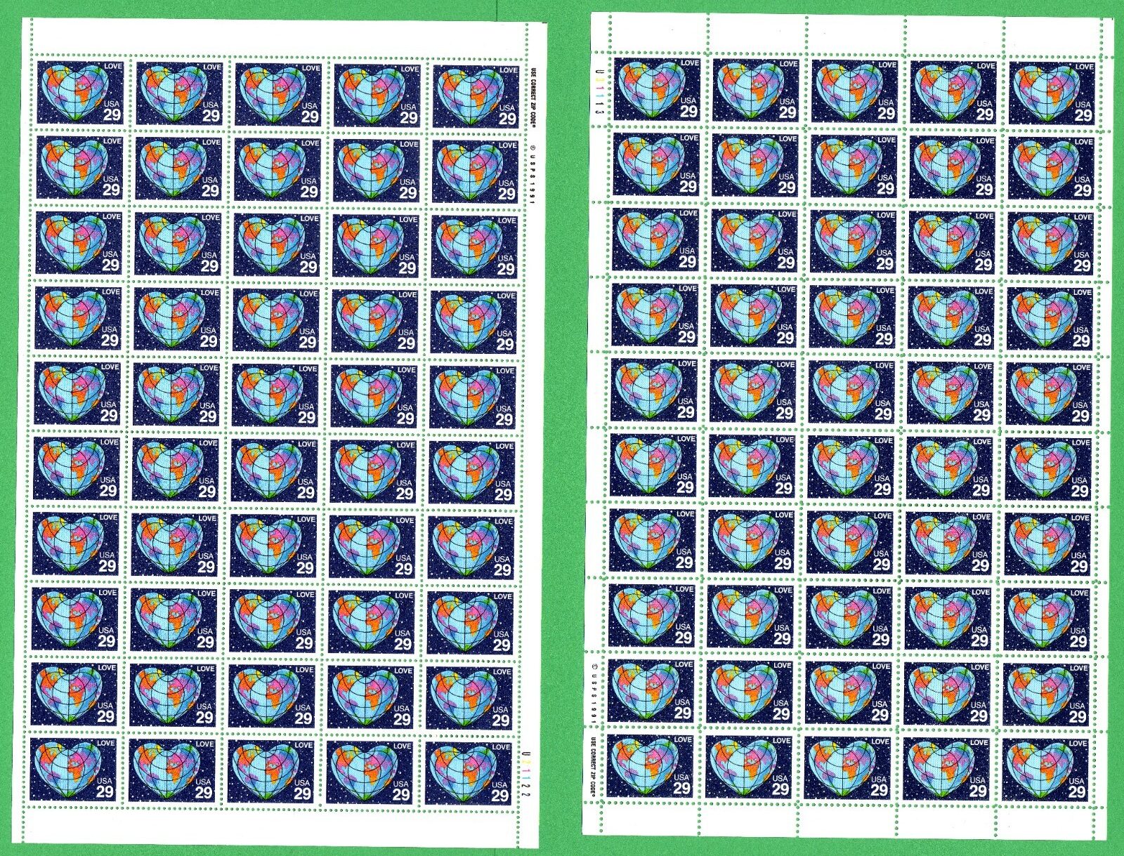 Scott #2535 & 2535A Heart Globe Map Sheets of 50 Stamps - MNH