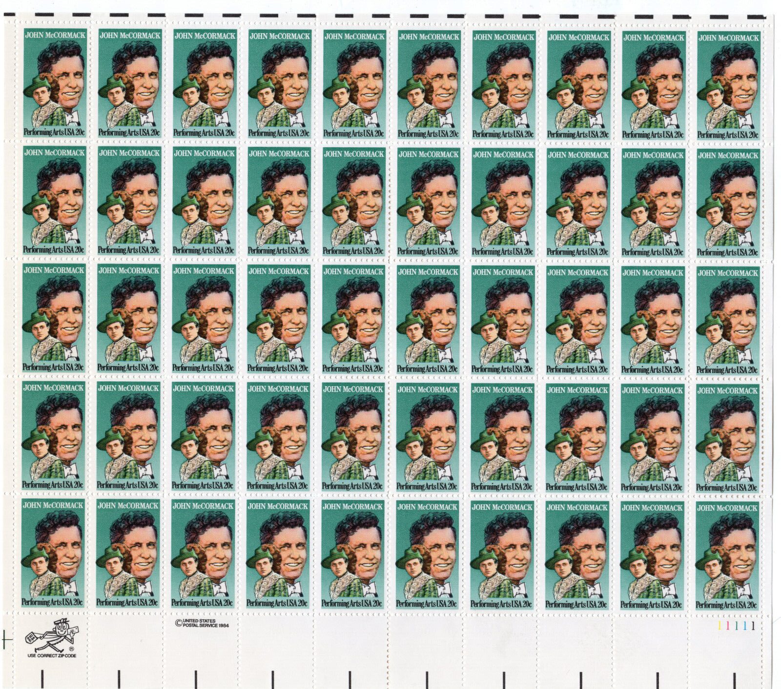 Scott #2090 John McCormack Sheet of 50 Stamps - MNH LR