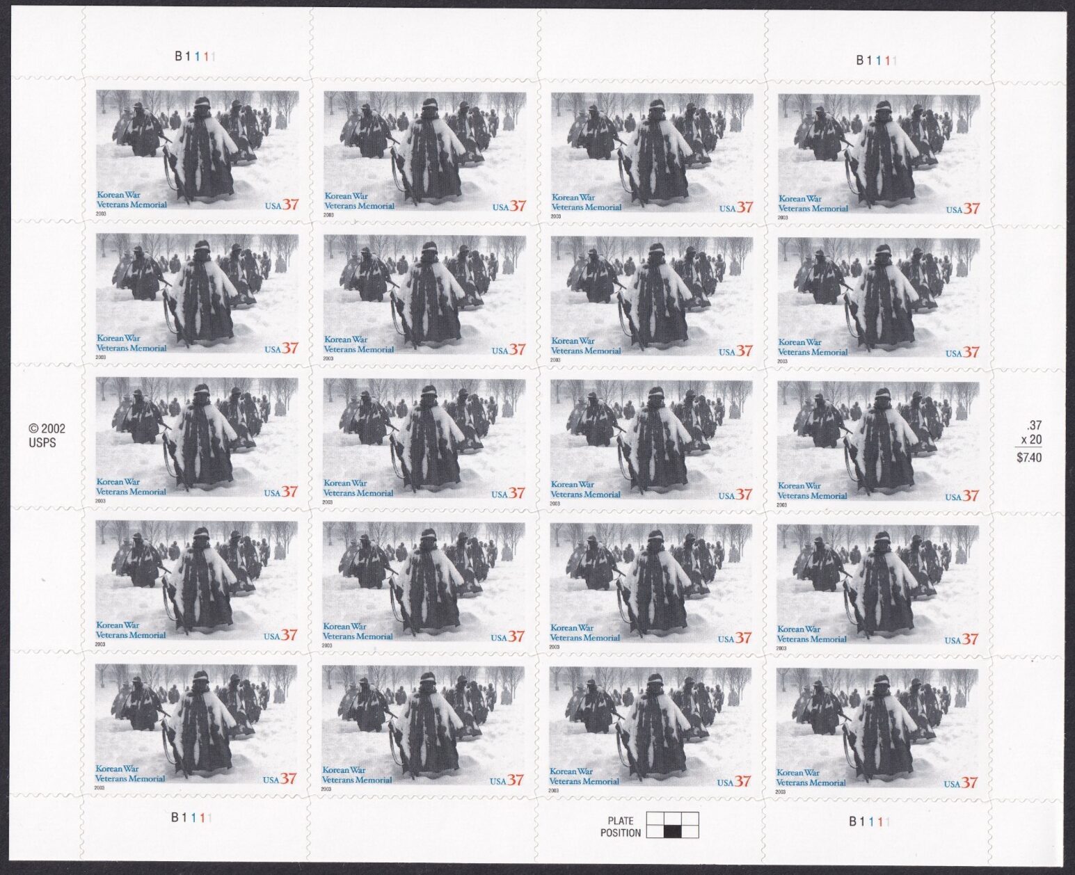 Scott #3803 Korean War Memorial Full Sheet of 20 Stamps - MNH
