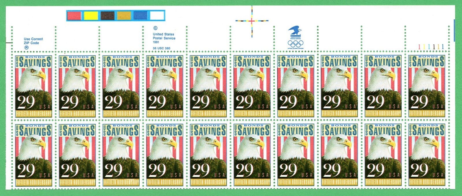 Scott #2534 US SAVINGS BONDS 29c Plate Block of 20 Stamps - MNH UR
