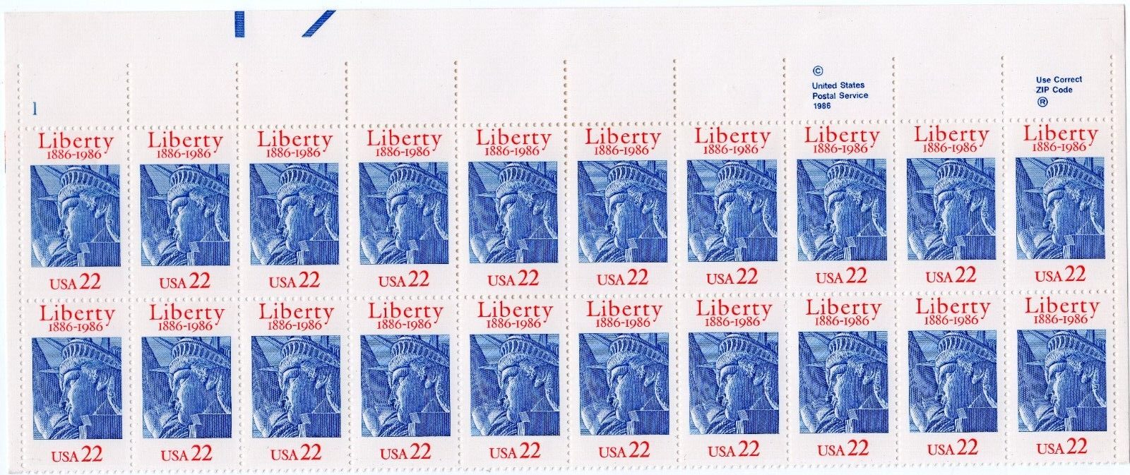 Scott #2224 Statue of Liberty Plate Block of 20 Stamps - MNH UL