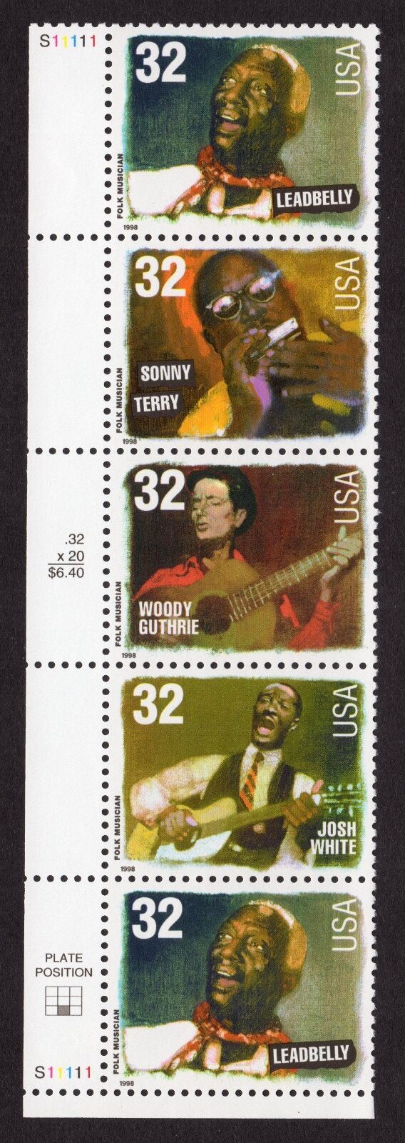Scott #3215a (3212-3215) Folk Musicians Plate # Strip of 5 Stamps - MNH LL