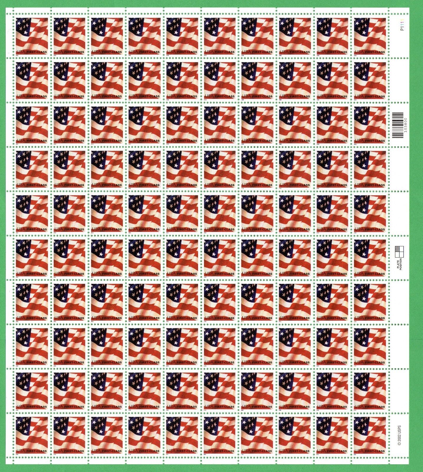 Scott #3620 Flag Sheet of 100 Stamps - MNH XF w/Plate Position UL