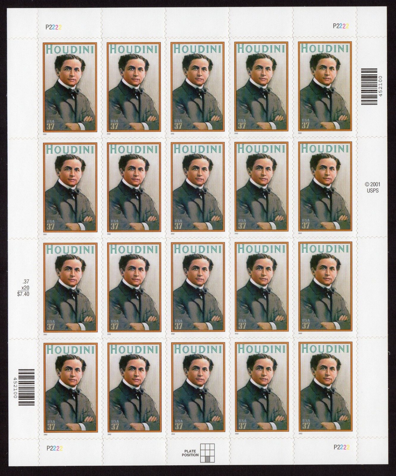 Scott #3651 Houdini Full Sheet of 20 Stamps- MNH P#P2222