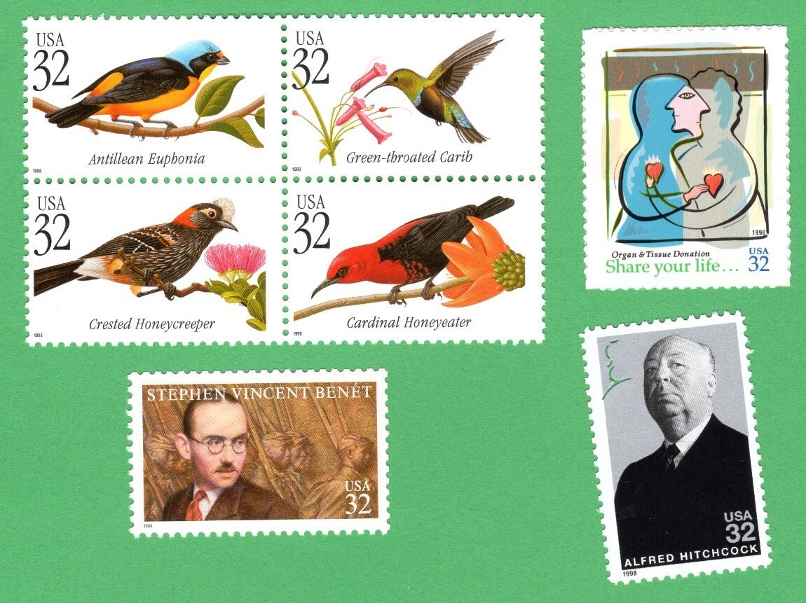 Scott #3221-3225a-3226-3227 Benet Birds Organs Hitchcock Block Single Stamp MNH