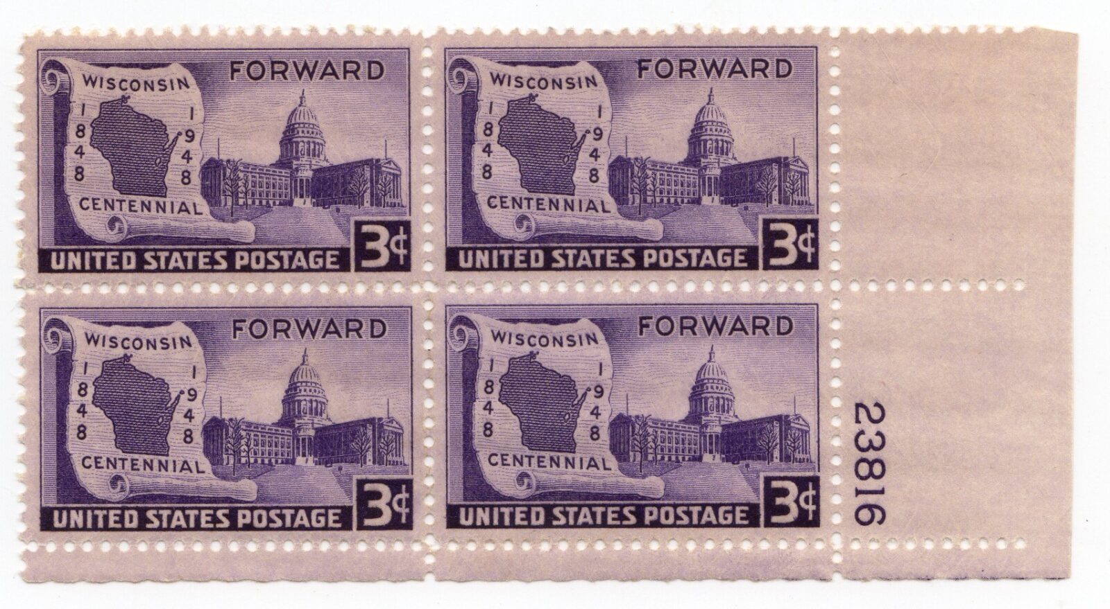 Scott #957 Wisconsin Forward Plate Block of 4 Stamps - MNH P#23816 LR