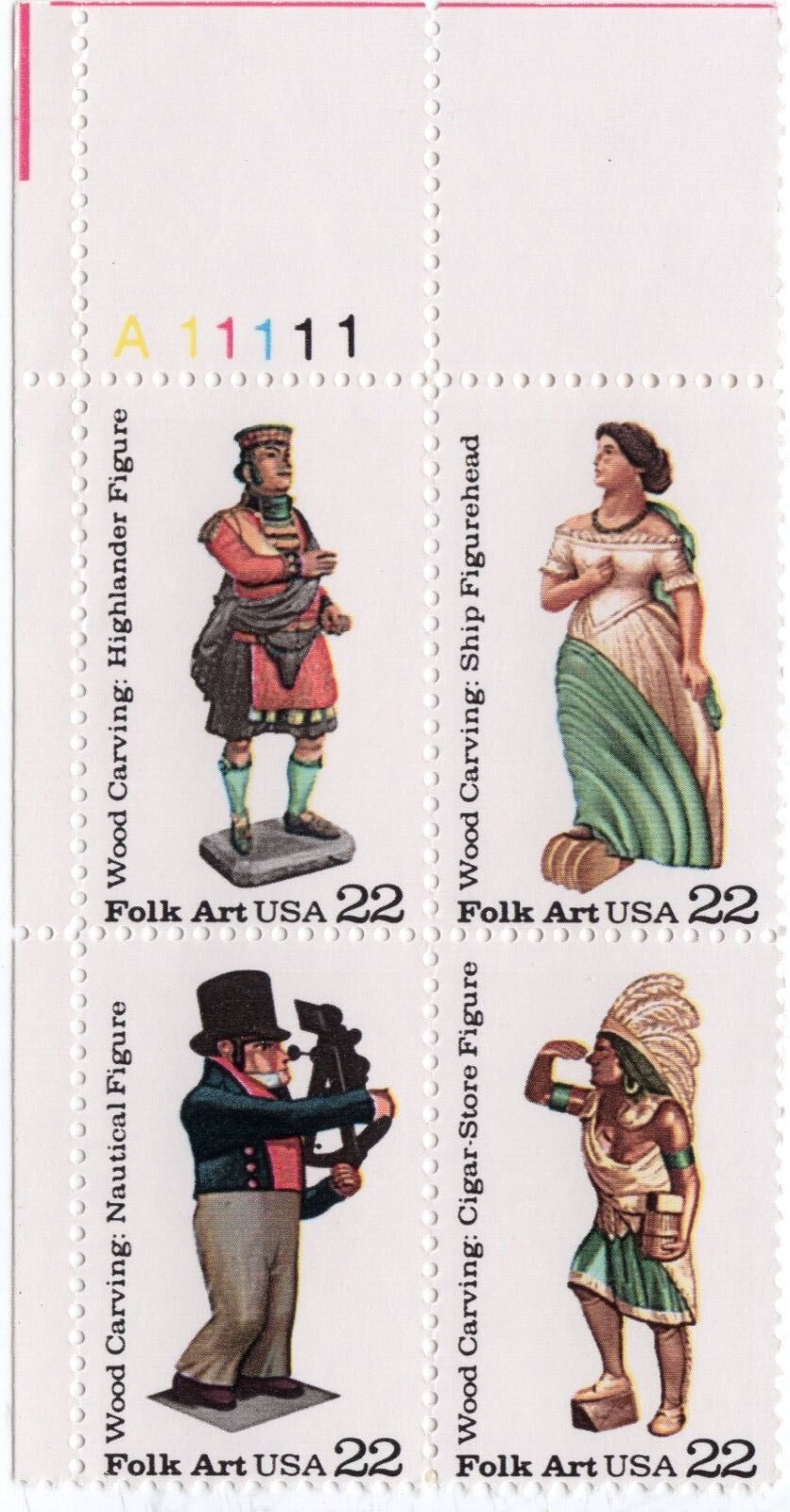 Scott #2243a (2240-43) Wood Carved Figurines Plate Block of 4 Stamps - MNH UL