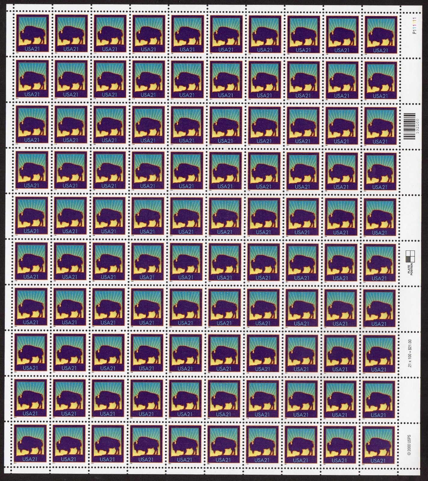 Scott #3467 American Buffalo (Bison) Sheet of 100 Stamps MNH w/Plate Position LL
