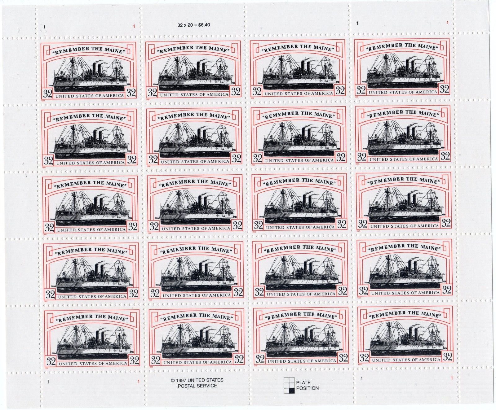 Scott #3192 Remember the Maine (Spanish War) Full Sheet of 20 Stamps - MNH