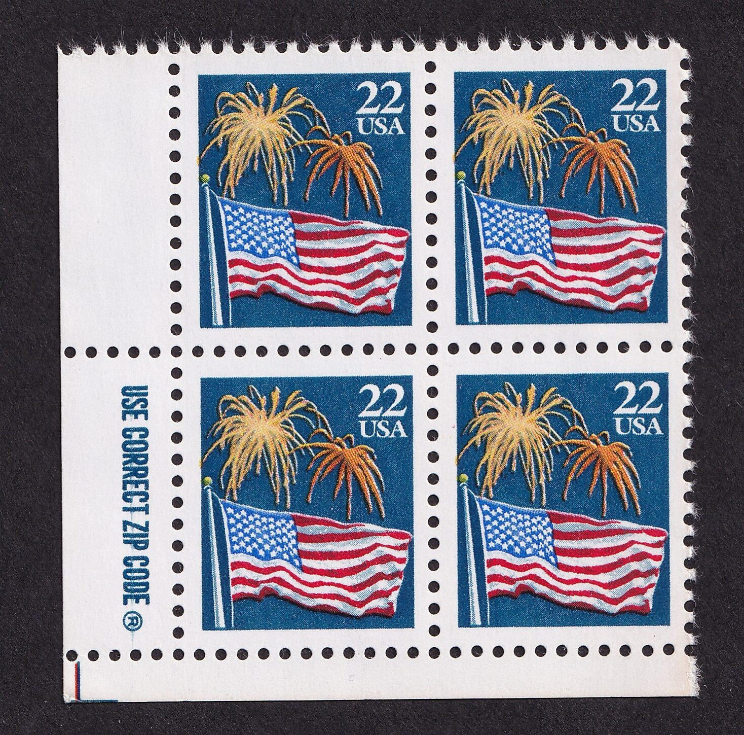 Scott #2276 Flag & Fireworks Zip Block of 4 Stamps - MNH