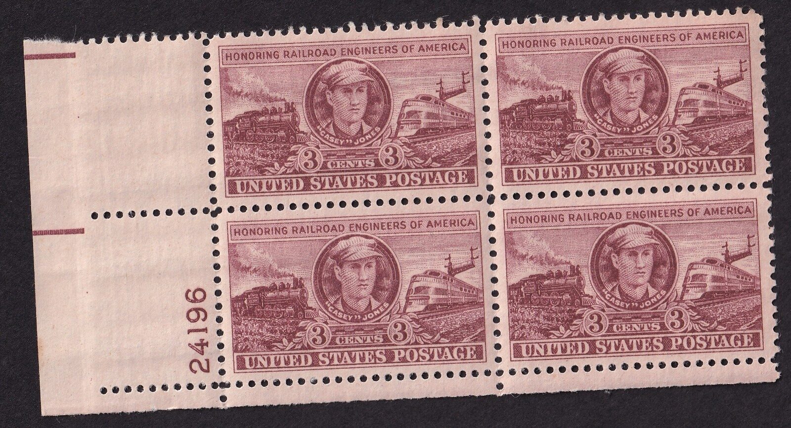 Scott #993 Casey Jones Railroad Engineer Plate Block of 4 Stamps MNH P#24196 UL