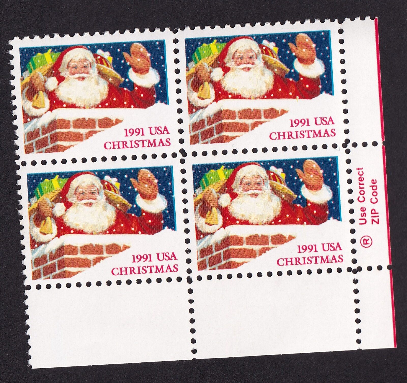 Scott #2579 Christmas Santa in Chimney Zip Block of 4 Stamps - MNH