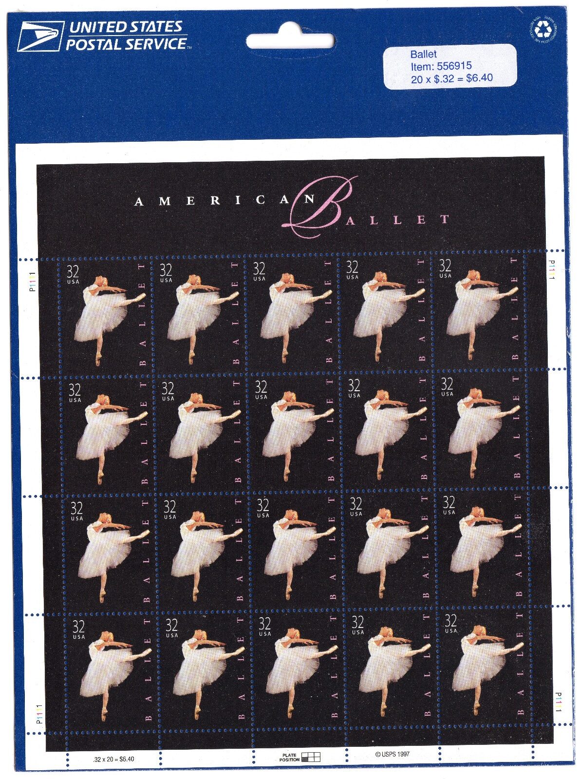 Scott #3237 American Ballet Sheet of 20 Stamps - Sealed Blue