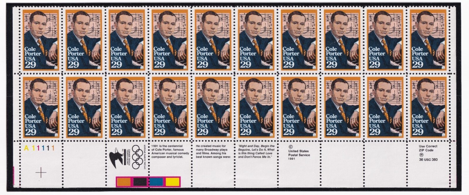 Scott #2550 Cole Porter Black Heritage Plate Block of 20 Stamps MNH LL in mount
