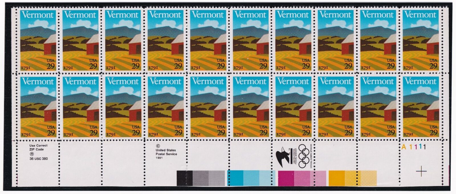 Scott #2533 Vermont Plate Block of 20 Stamps - MNH LR in mount