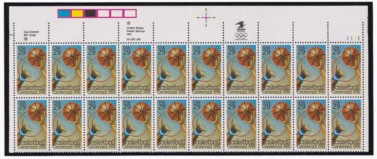 Scott #2560 Basketball Hoops Plate Block of 20 Stamps - MNH UR in mount