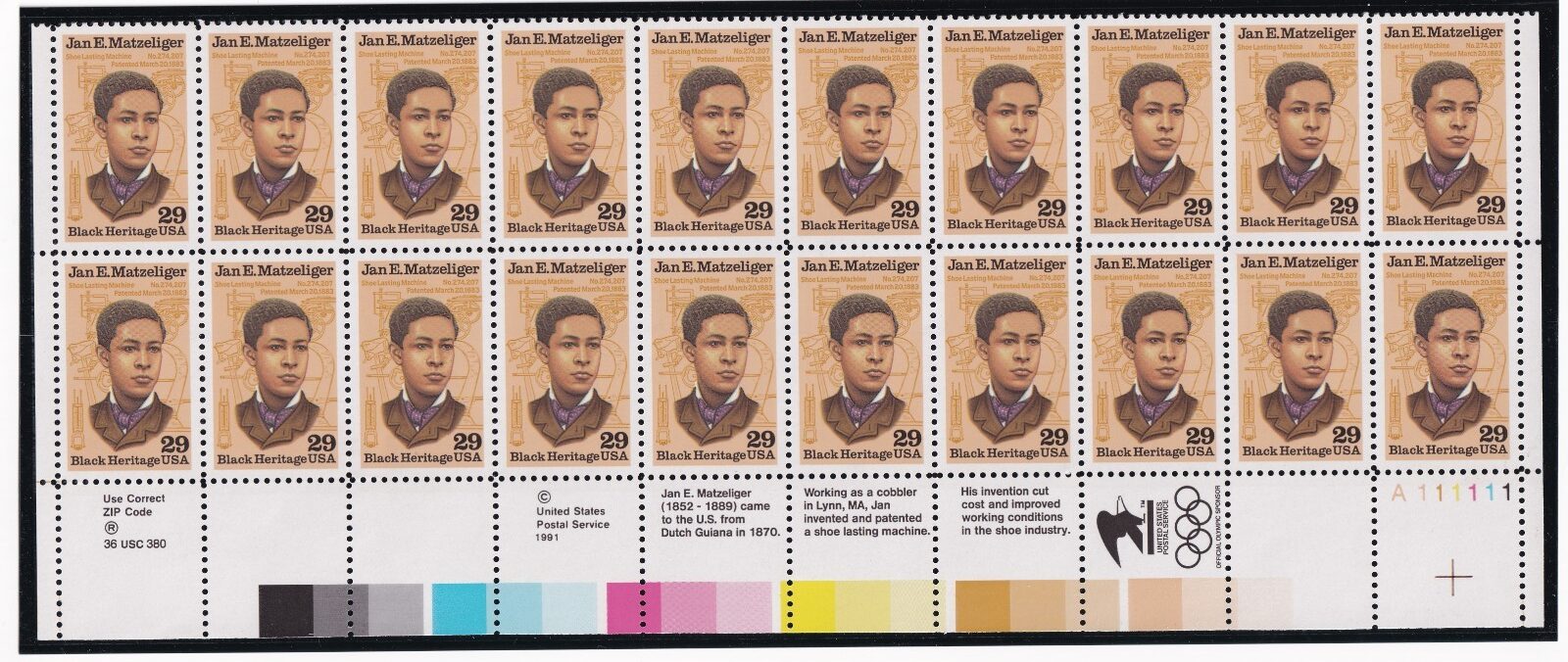 Scott #2567 Jan Matzeliger Black Heritage Plate Block of 20 Stamps MNH LR mount