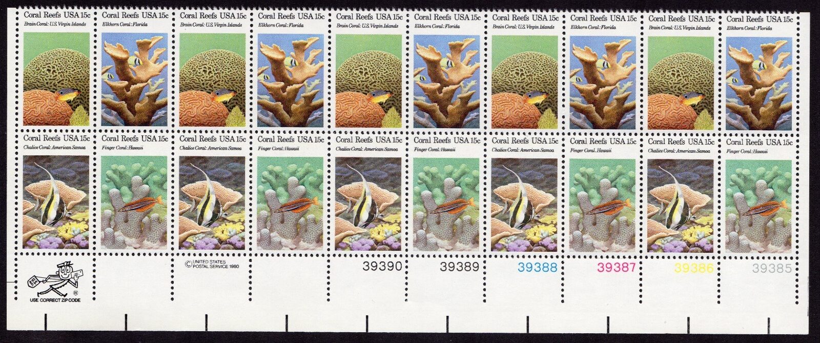 Scott #1830a (1827-30) Coral Reef Plate Block Of 20 Stamps - MNH LR