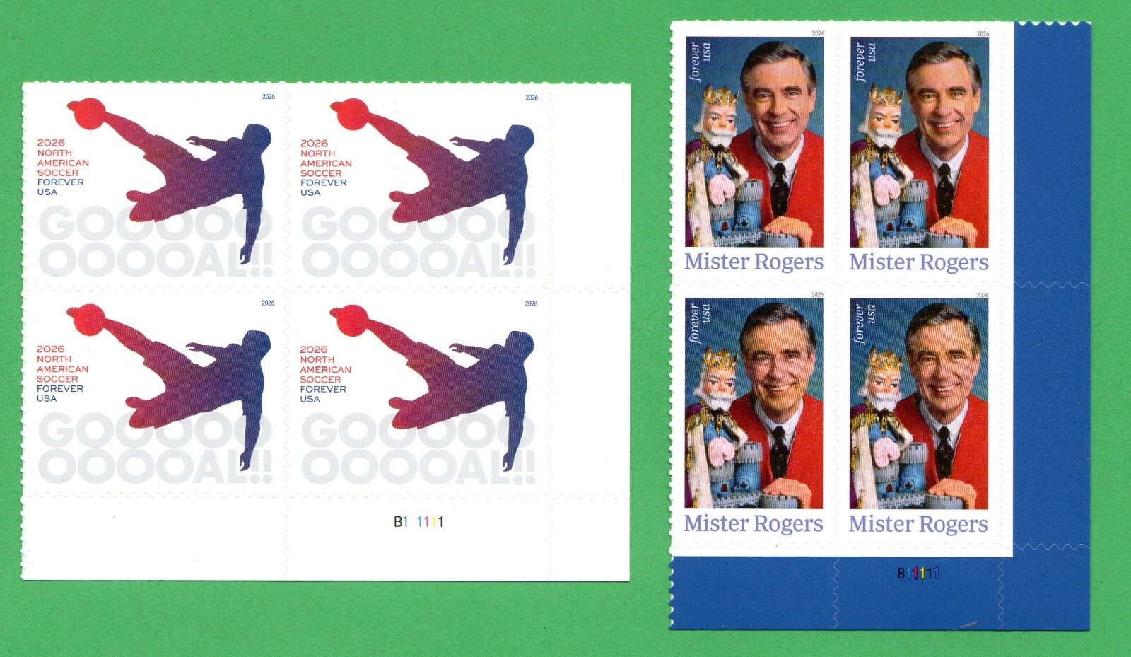 Scott #6105-6097 Mister Rogers & Soccer Plate Block of 4 Forever Stamps - MNH LR