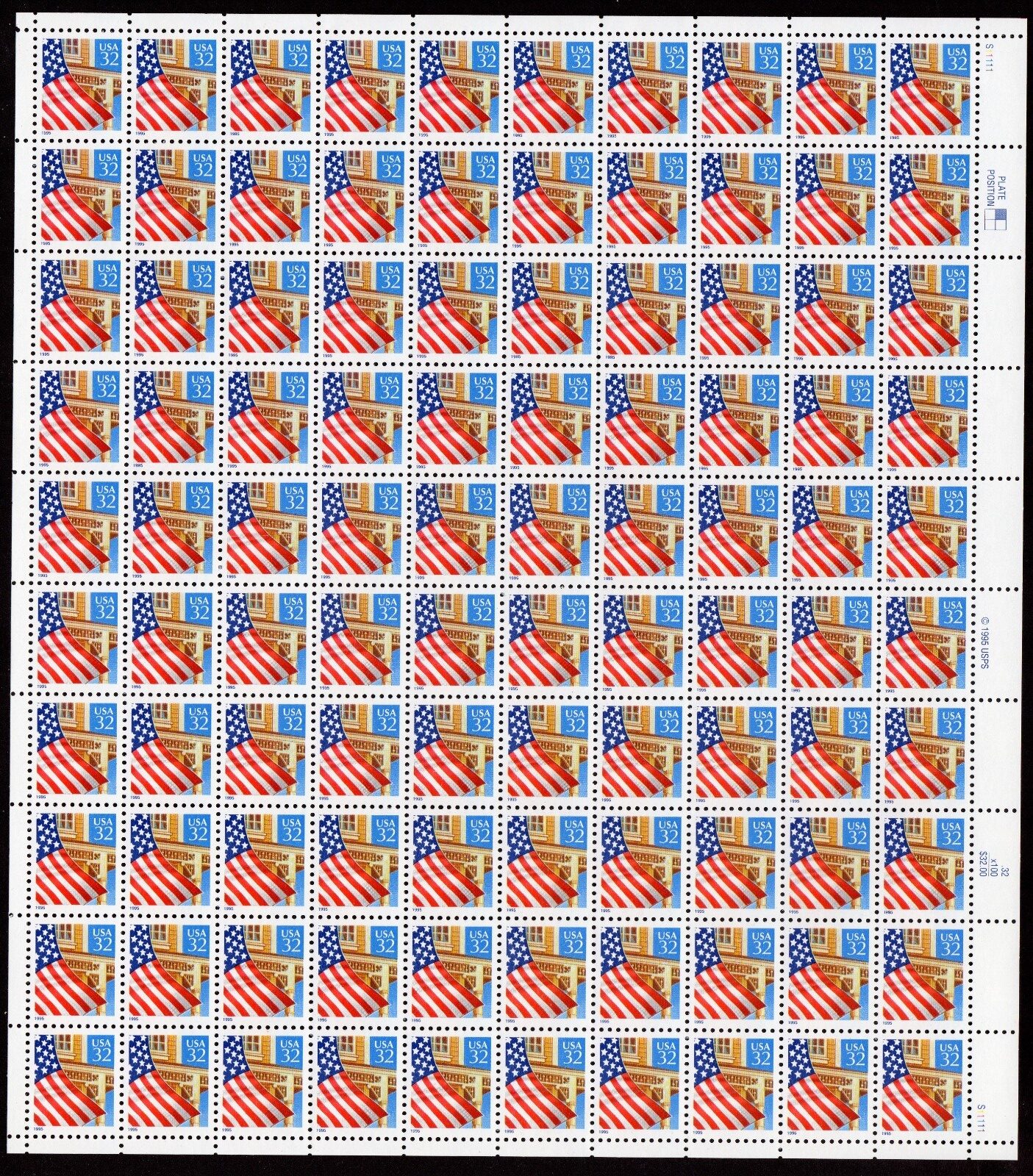 Scott #2897 Flag Over Porch Sheet Of 100 Stamps - MNH P#S11111 Right XF