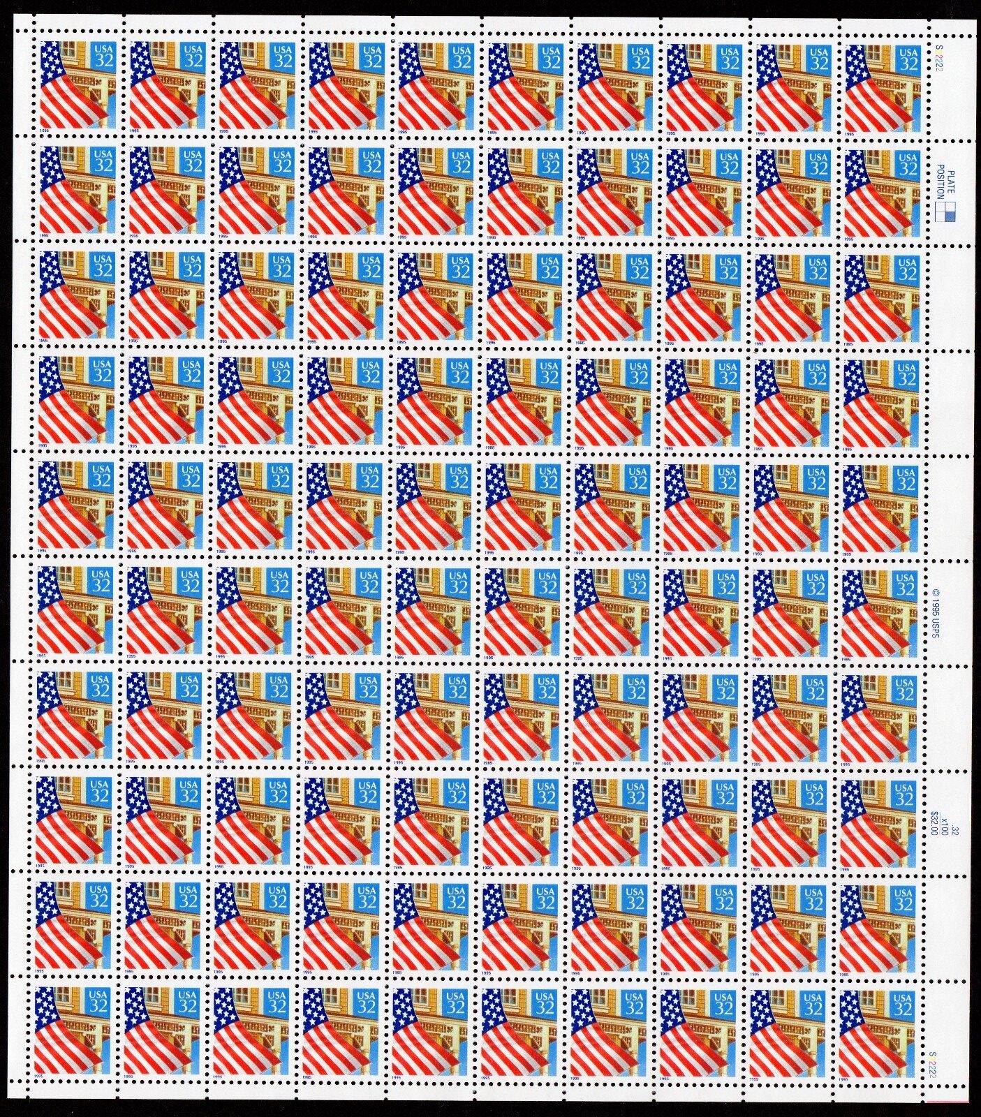 Scott #2897 Flag Over Porch Sheet Of 100 Stamps - MNH P#S22222 Right XF