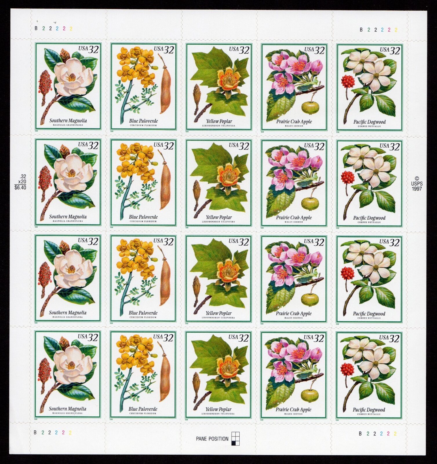 Scott #3197a (3193) Flowering Trees Sheet of 20 Stamps - MNH P#B22222 LL