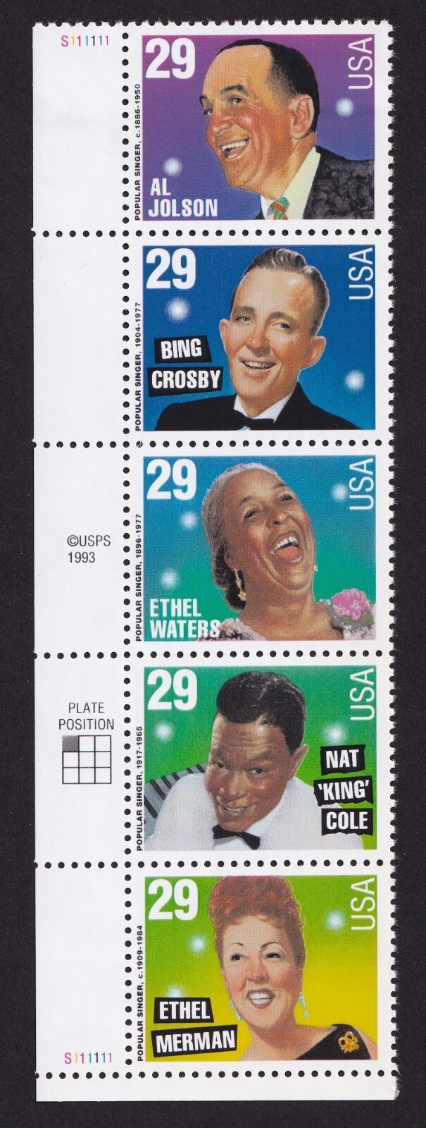 Scott #2853a (2849-53) Popular Singers Plate # Strip of 5 Stamps - MNH LL