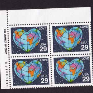 Scott #2535 Heart Globe Map Zip Block of 4 Stamps - MNH
