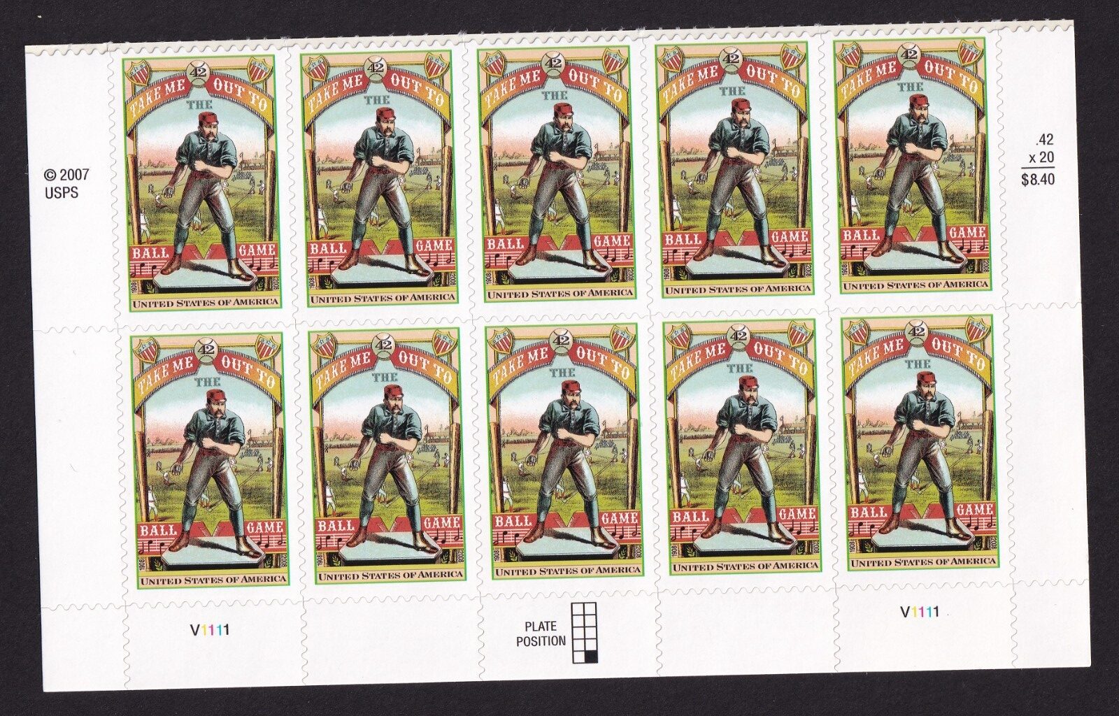 Scott #4341 Take Me Out To the Ballgame Plate Block of 10 Stamps - MNH Bottom