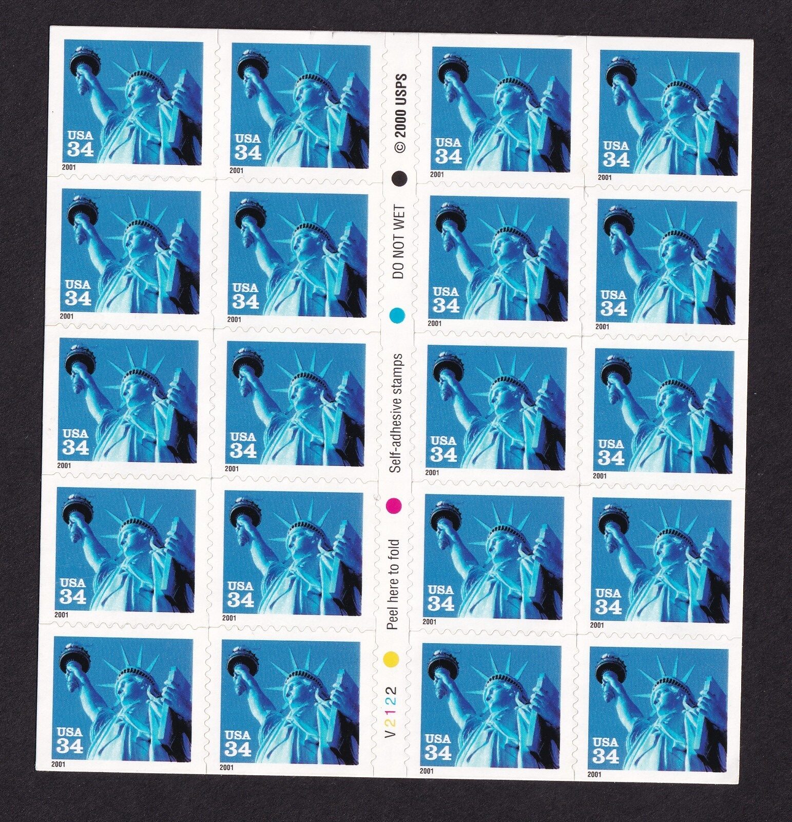 Scott #3485b Statue of Liberty blue Booklet Of 20 Stamps - MNH P#V2122