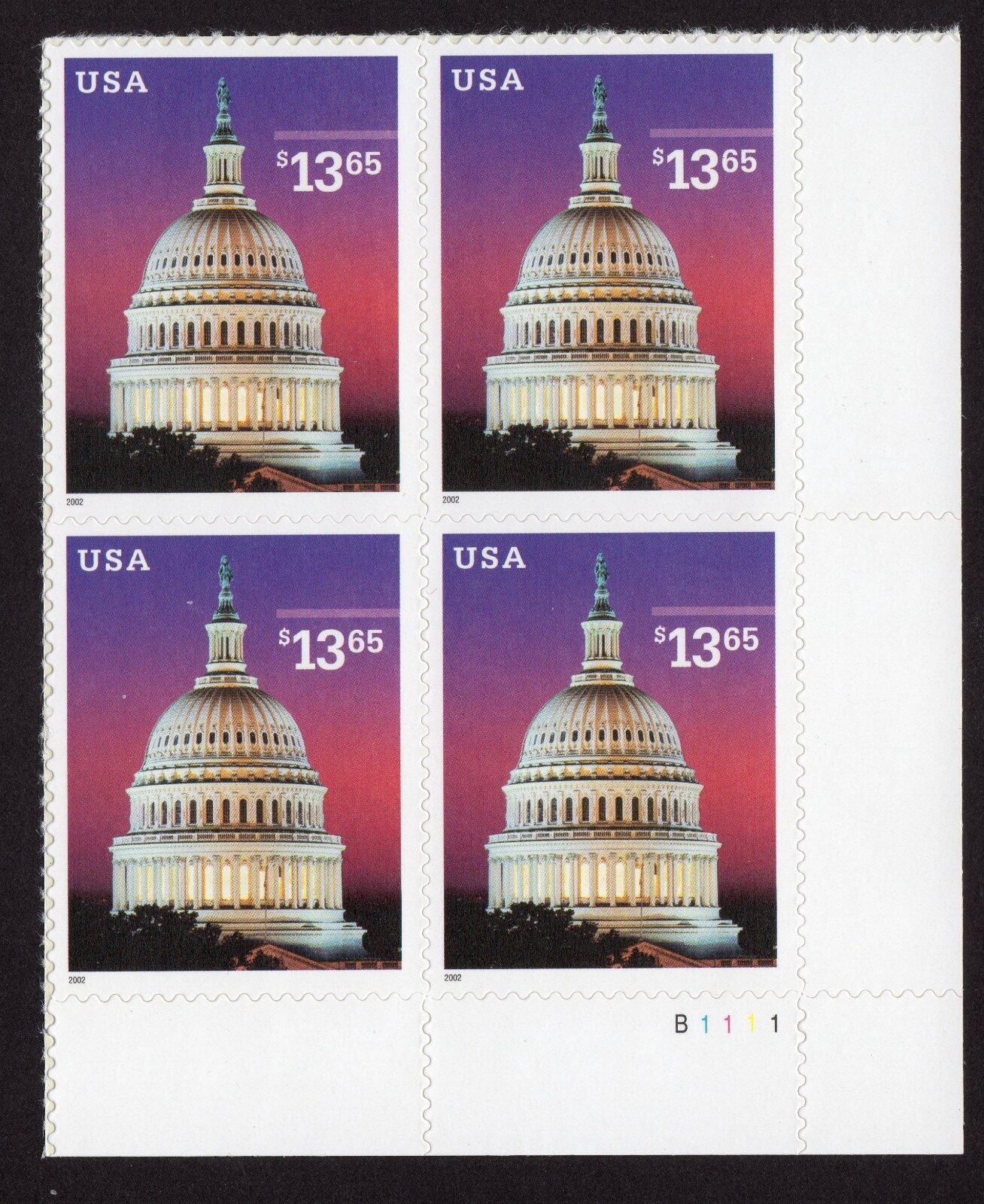 Scott #3648 $13.65 Capitol Dome at Dusk Plate Block of 4 Stamps - MNH LR