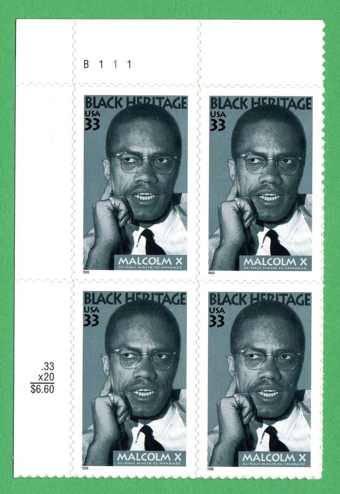 Scott #3273 Malcolm X Black Heritage Plate Block of 4 Stamps - MNH UL