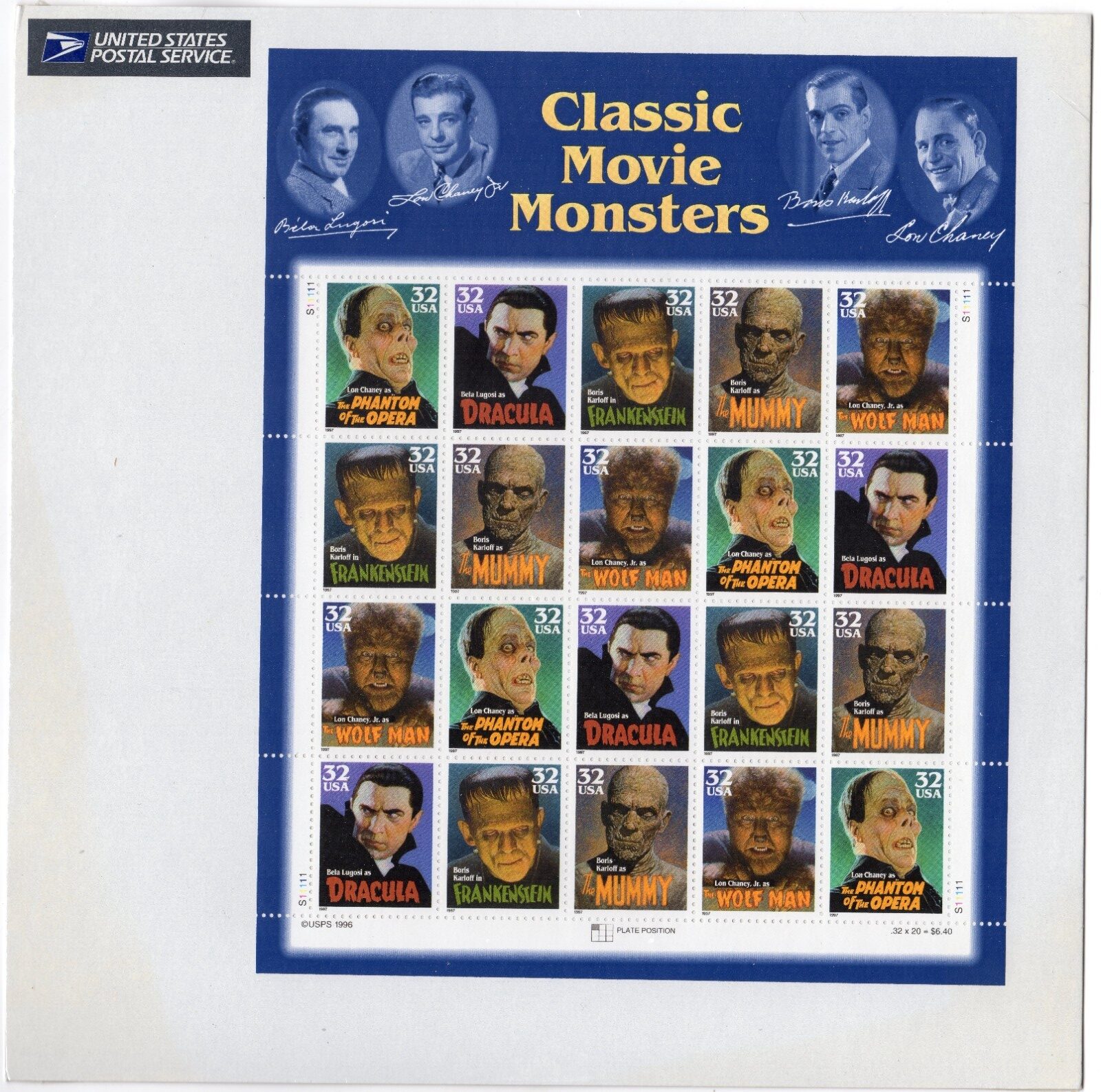 Scott #3172a Classic Movie Monsters Sheet of 20 Stamps - Sealed Item #442541