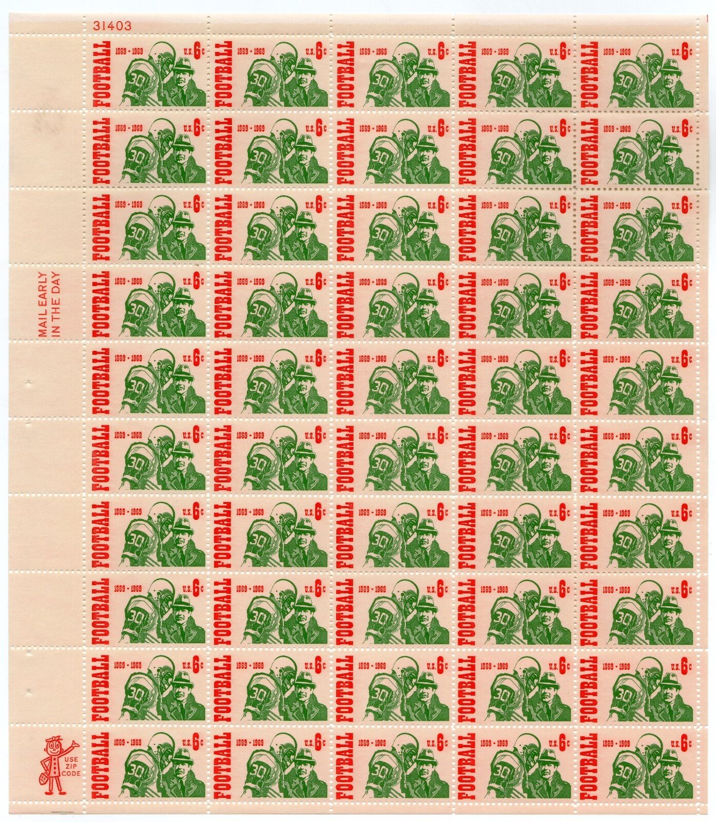 Scott #1382 Intercollegiate Football Sheet of 50 Stamps - MNH P#31403 UL