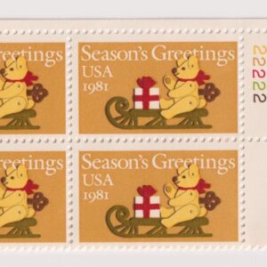 Scott #1940 Teddy Bear on Sleigh Plate Block of 4 Stamps - MNH P#22222 UR PC