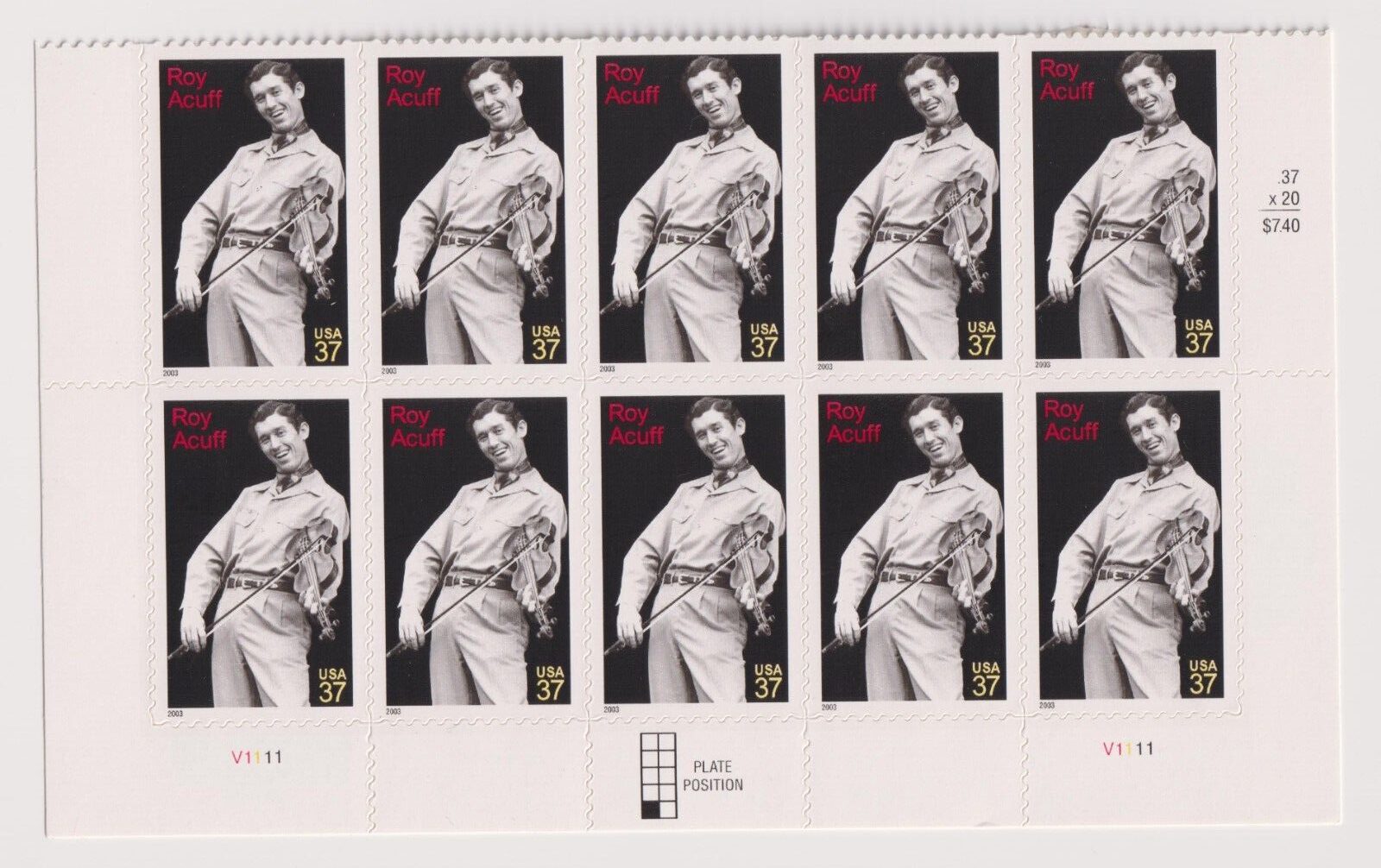 Scott #3812 Roy Acuff (Fiddle) Half Sheet of 10 Stamps - MNH Bottom
