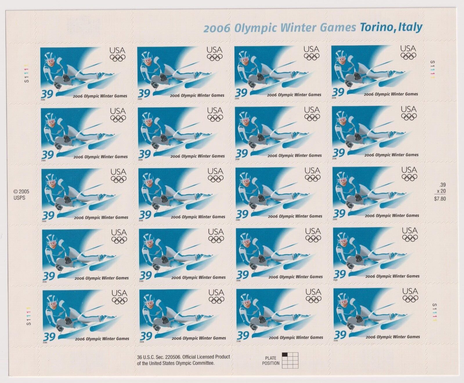 Scott #3995 39¢ Winter Olympics - Italy Full Sheet of 20 Stamps - MNH