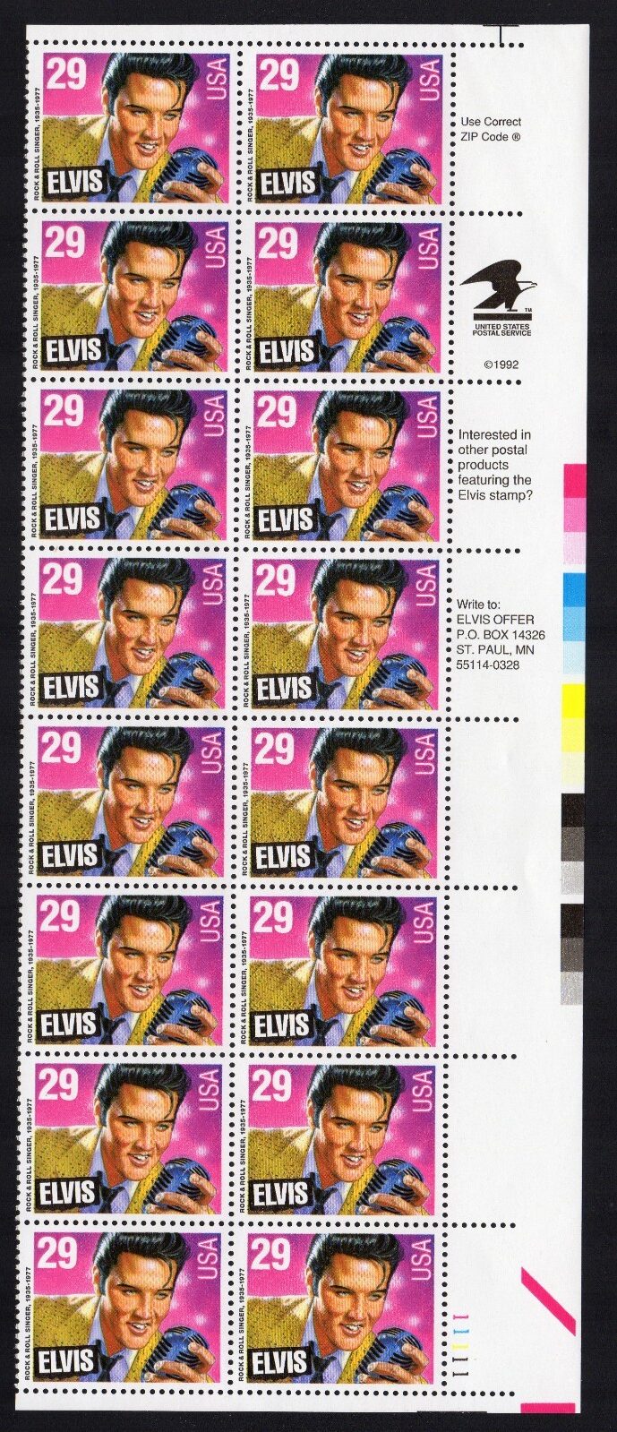 Scott #2721 Elvis Presley King of Rock & Roll Plate Block of 16 Stamps - MNH LR