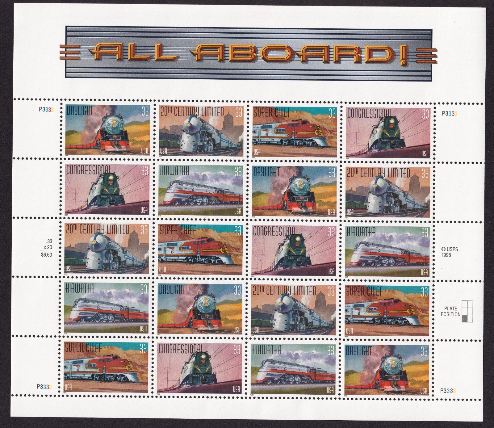 Scott #3337a (3333-3337) All Aboard! Trains Sheet of 20 Stamps - MNH P#3333