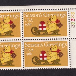 Scott #1940 Teddy Bear on Sleigh Plate Block of 4 Stamps - MNH P#22222 UR