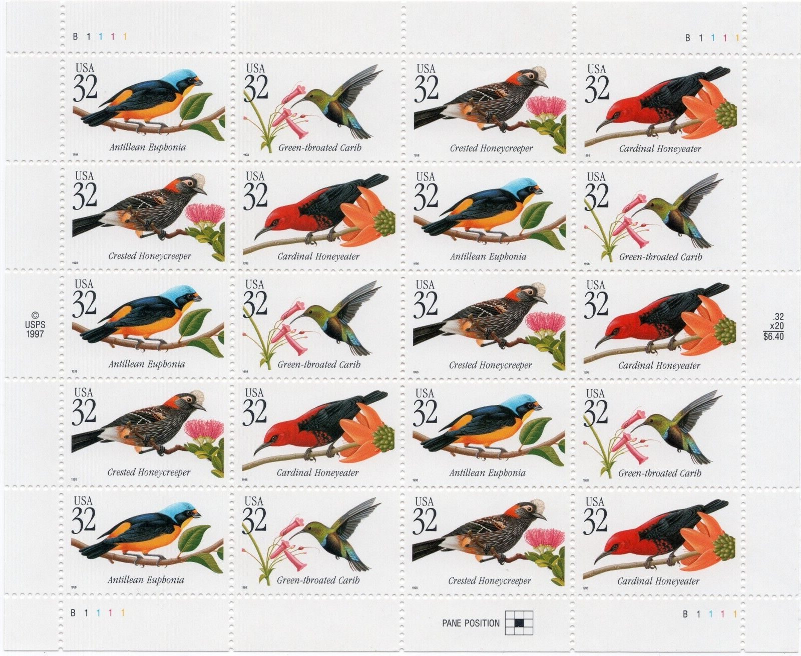 Scott #3225a (3222-3225) Tropical Birds Full Sheet Of 20 Stamps - MNH