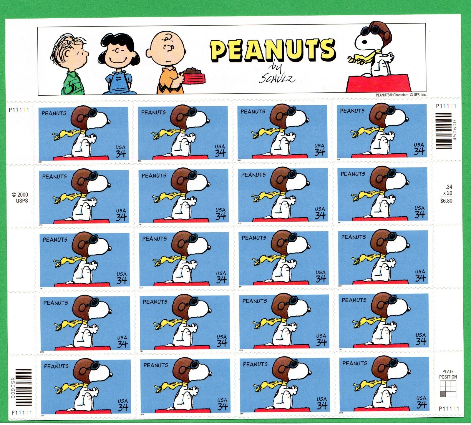 Scott #3507 Peanuts (Snoopy) Sheet of Twenty Stamps - MNH P#P11111