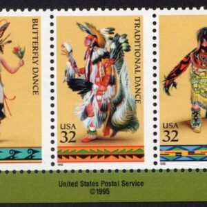 Scott #3076a (3073-3076) American Indian Dances Plate # Strip of 5 Stamps - MNH