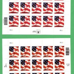 Scott #3621 (P2222) & 3630 (P3333) US Waving Flag Sheet of 20 Stamps - MNH