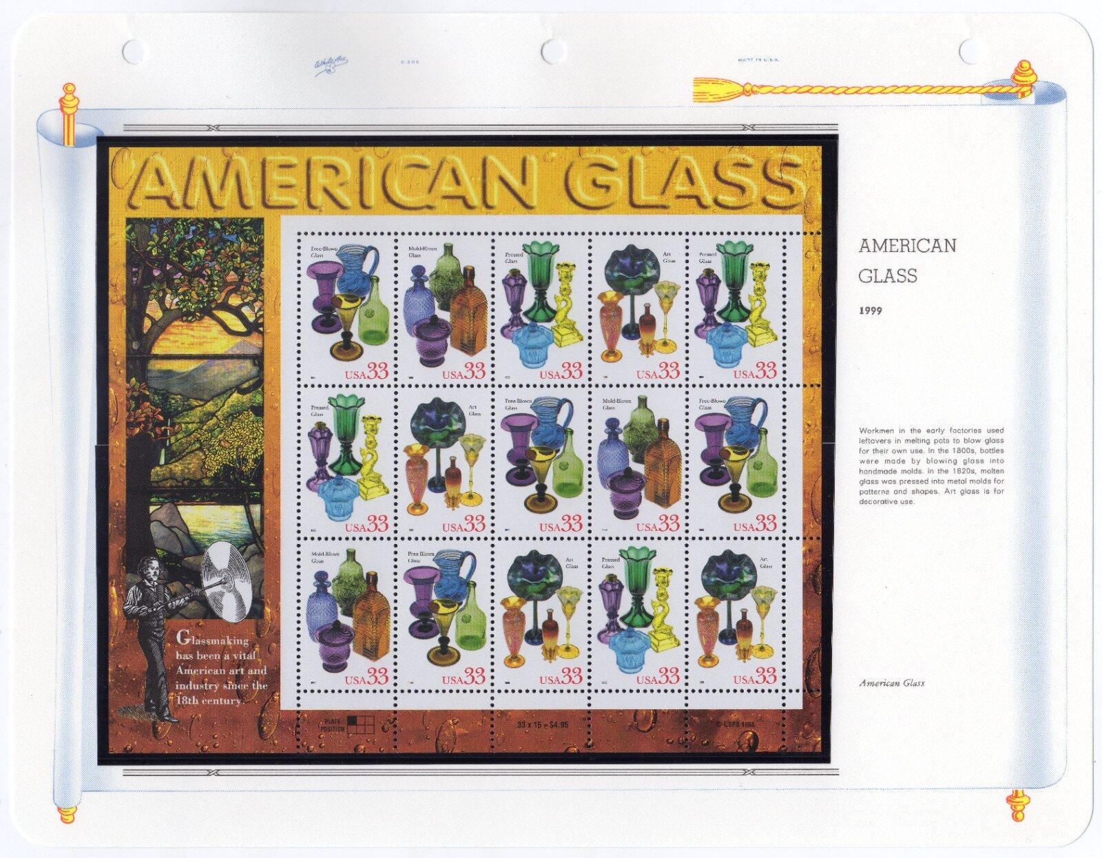 Scott #3328a (3325) American Glass Sheet of 15 Stamps - MNH White Ace Album Page